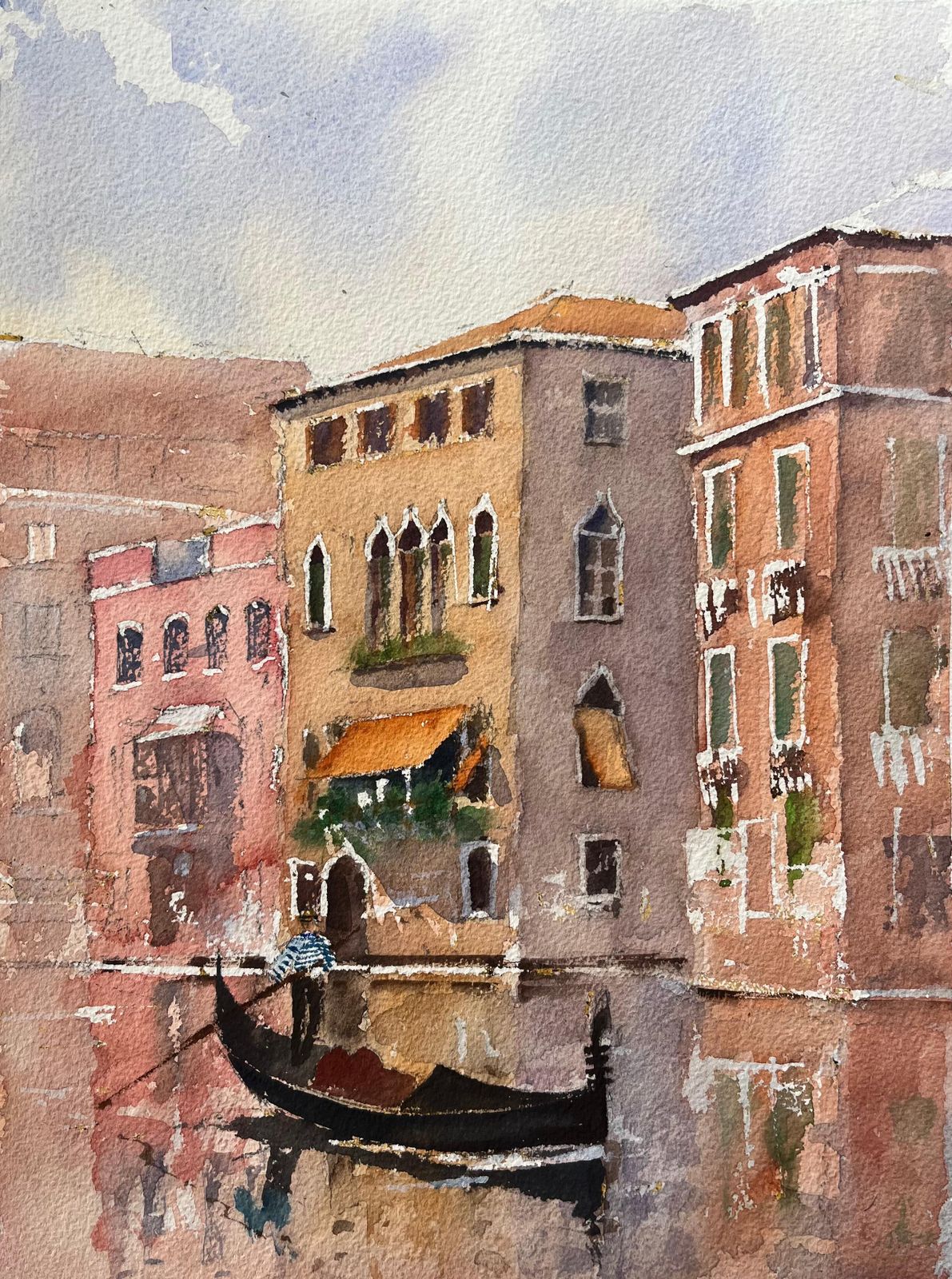 Anthony Averybritish Impressionist Watercolor Of Venetian Reflections With Gondola