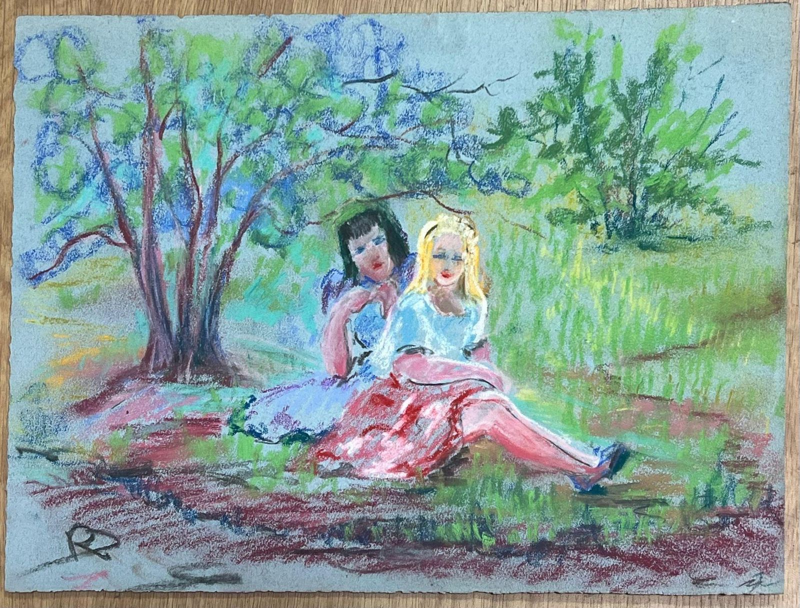 Regine Davidmid 20th Century Charming Pastel Drawing Of Two Women In A Serene Park Setting1947 photo furniture