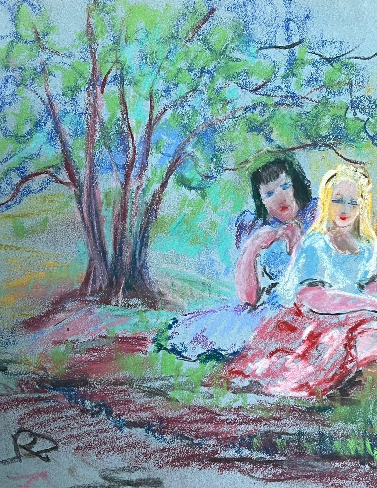 Regine Davidmid 20th Century Charming Pastel Drawing Of Two Women In A Serene Park Setting1947 photo 306.0