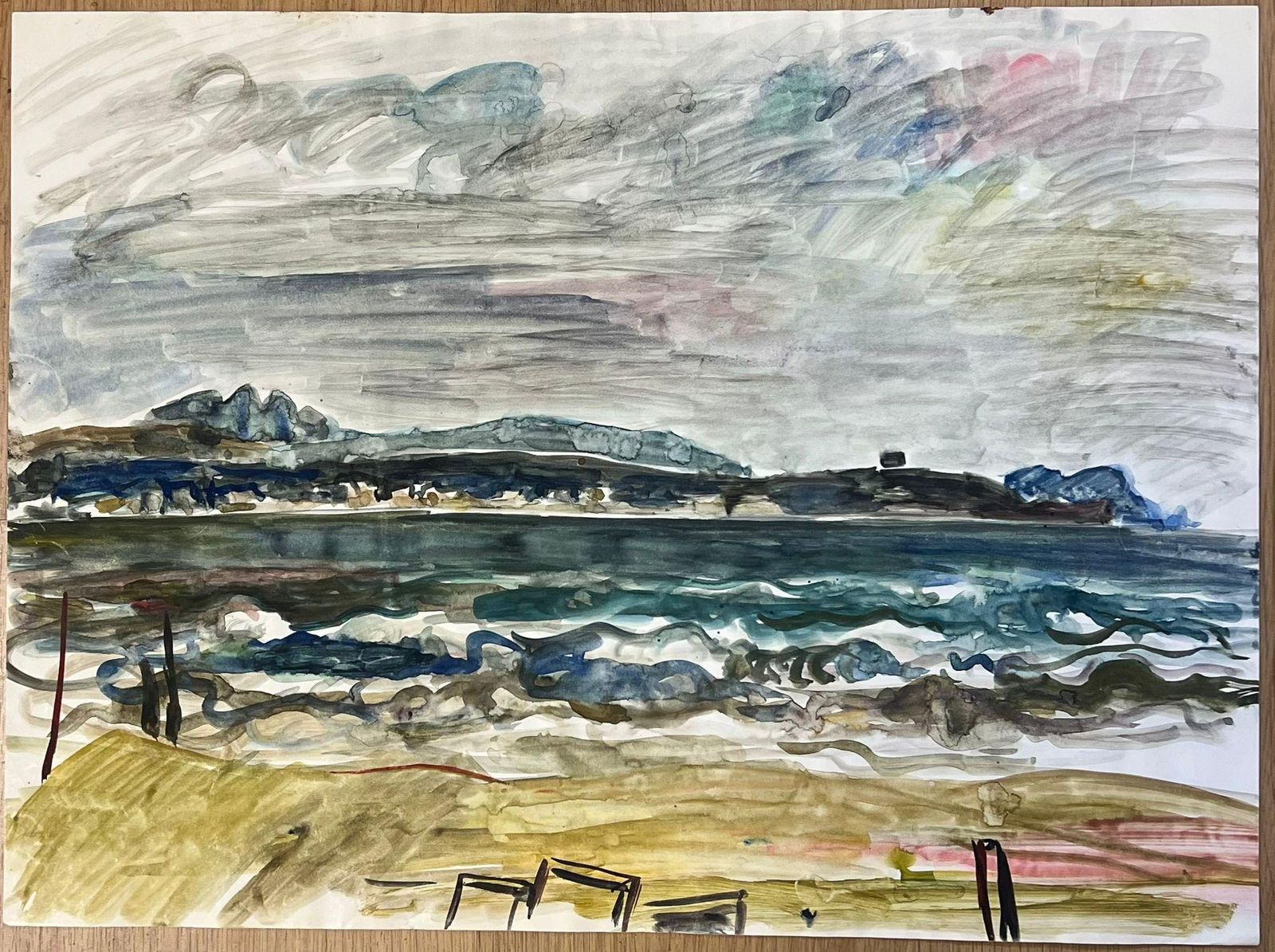 édouard Righetti (1924 2001)moody Coastal Landscape With Rolling Waves And Overcast Sky Watercolour1950's photo furniture
