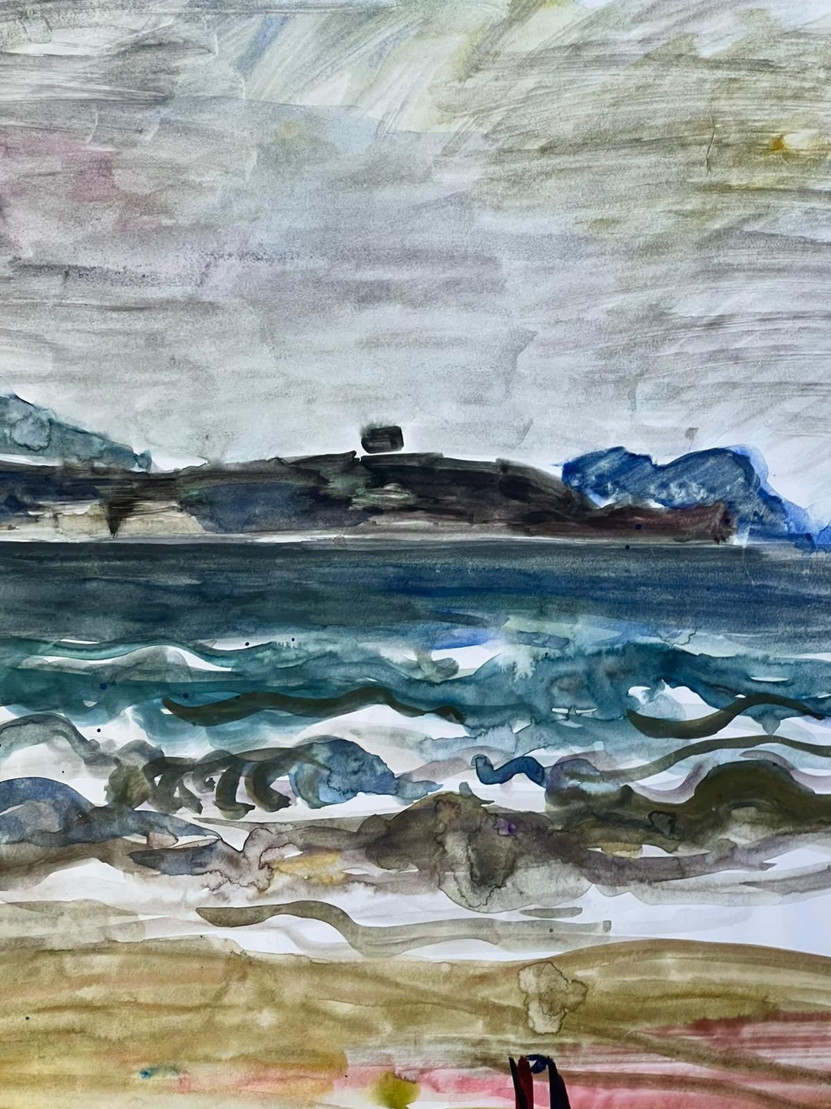 édouard Righetti (1924 2001)moody Coastal Landscape With Rolling Waves And Overcast Sky Watercolour1950's photo Art