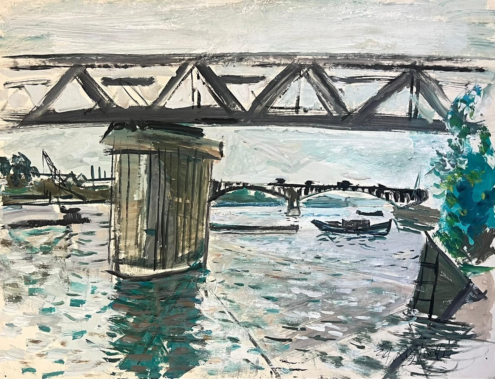 édouard Righetti (1924 2001)architectural Bridge Scene With Reflections On Water Featuring Boats1950's
