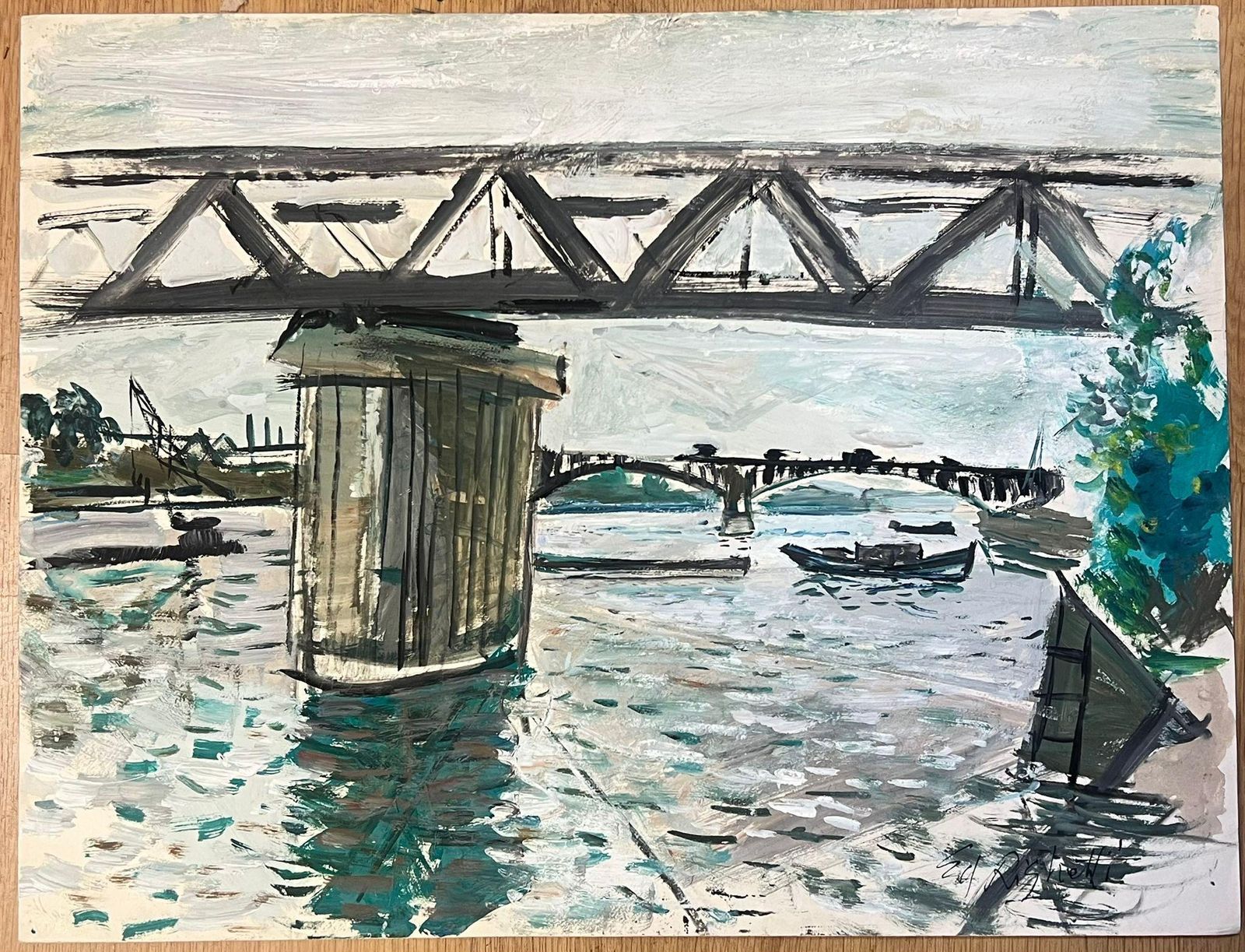 édouard Righetti (1924 2001)architectural Bridge Scene With Reflections On Water Featuring Boats1950's photo furniture