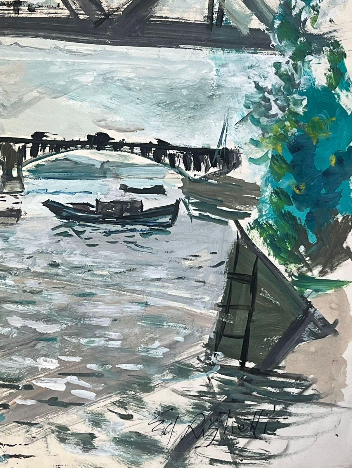 édouard Righetti (1924 2001)architectural Bridge Scene With Reflections On Water Featuring Boats1950's photo Art