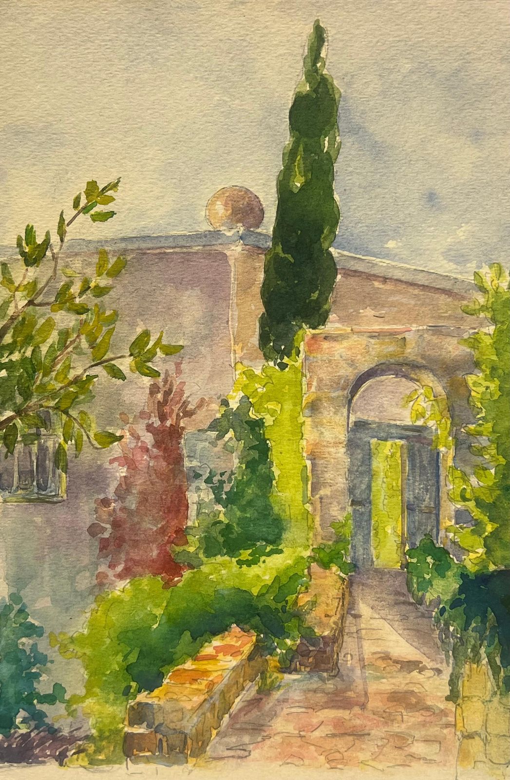 Regine Davidvilla Hyères Garden Scene With Cypress And Stone Archway Vibrant Watercolor1986
