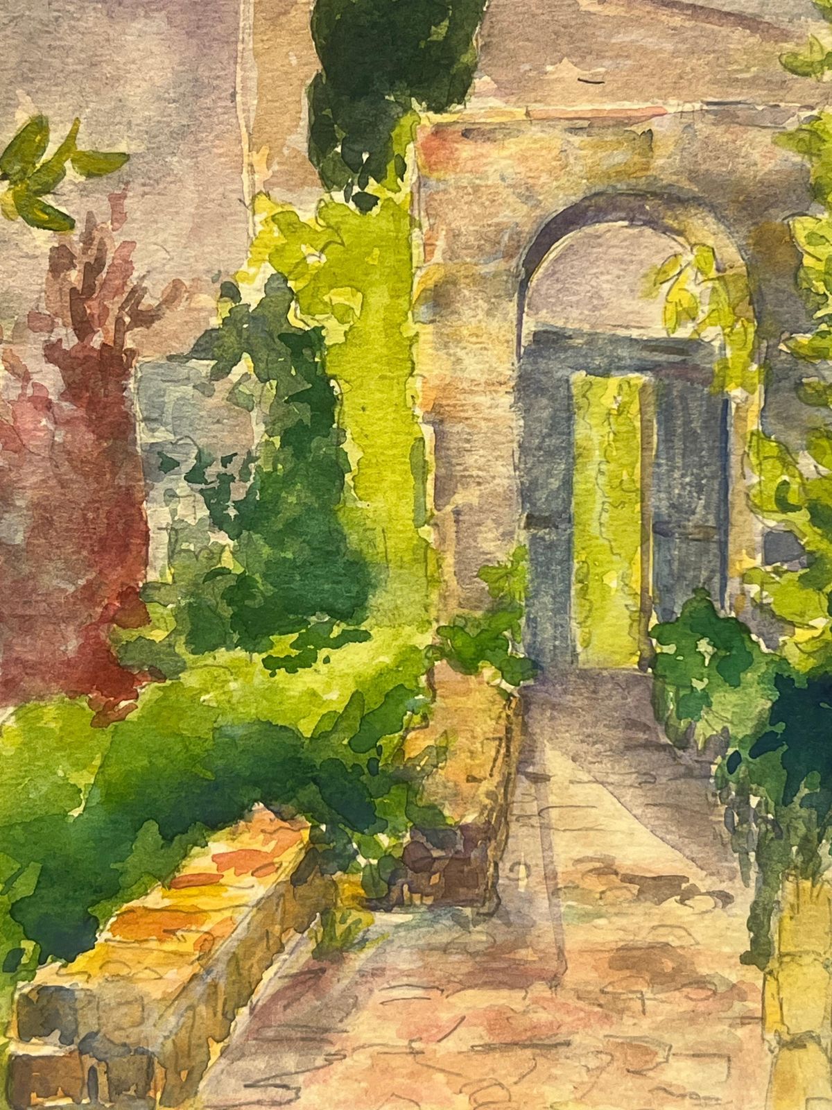 Regine Davidvilla Hyères Garden Scene With Cypress And Stone Archway Vibrant Watercolor1986 photo vinterior