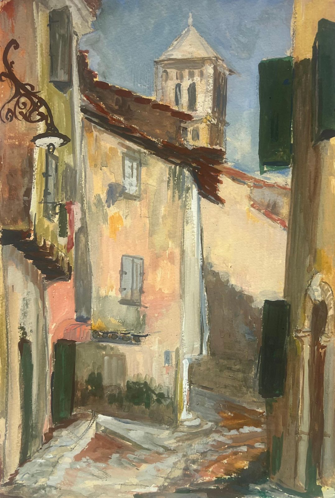 Regine Davidfrench Village Street Scene With Tower And Shuttered Windows1950's
