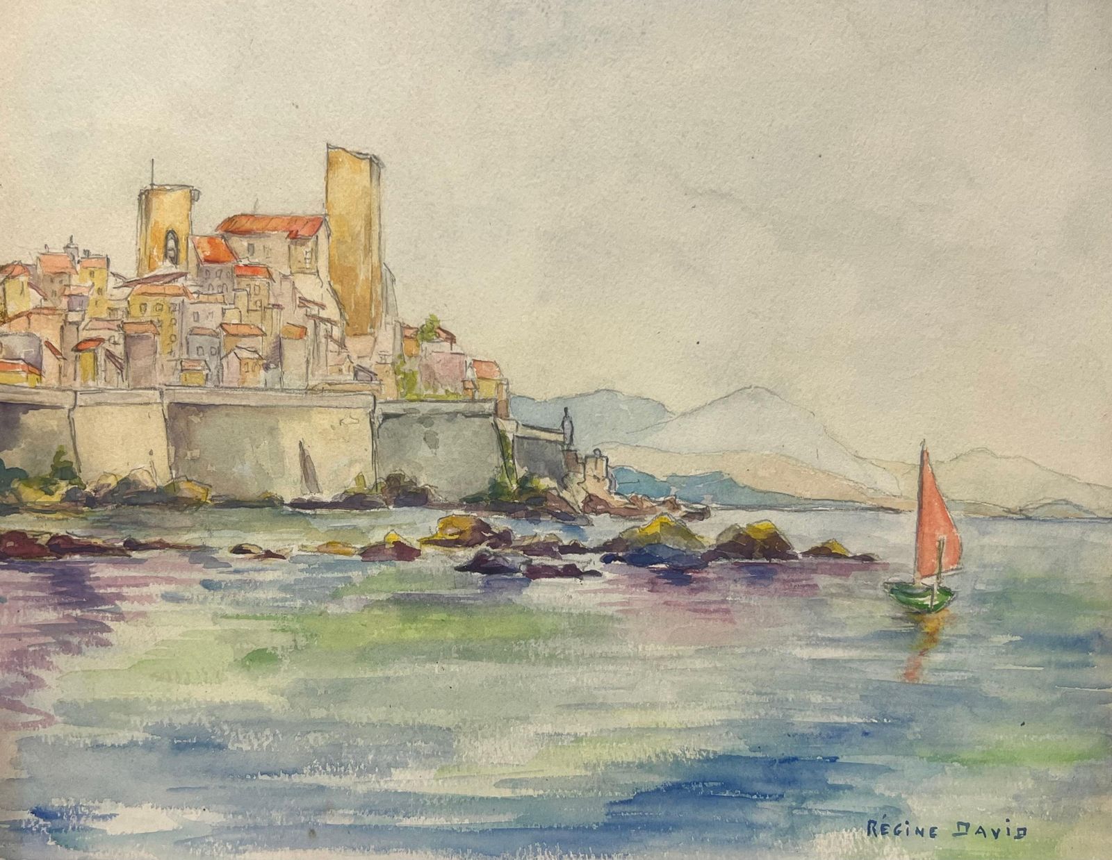 Regine Davidcoastal View Of Antibes With Red Sailed Boat Watercolor Landscape1938