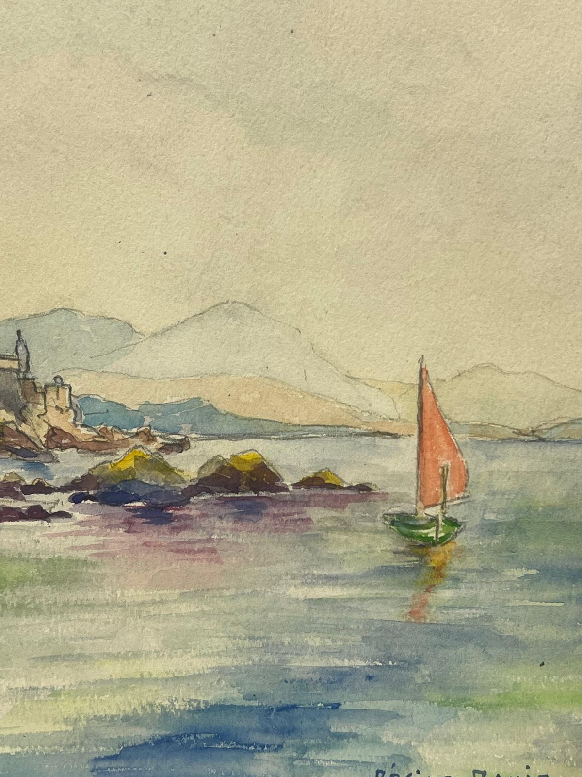 Regine Davidcoastal View Of Antibes With Red Sailed Boat Watercolor Landscape1938 photo furniture