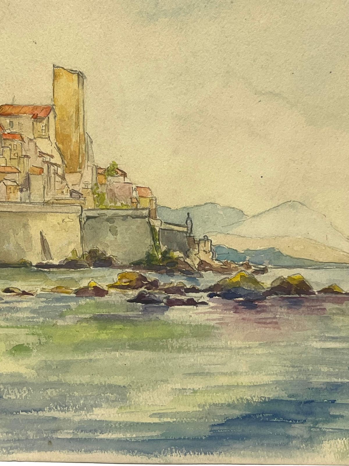 Regine Davidcoastal View Of Antibes With Red Sailed Boat Watercolor Landscape1938 photo 331.0