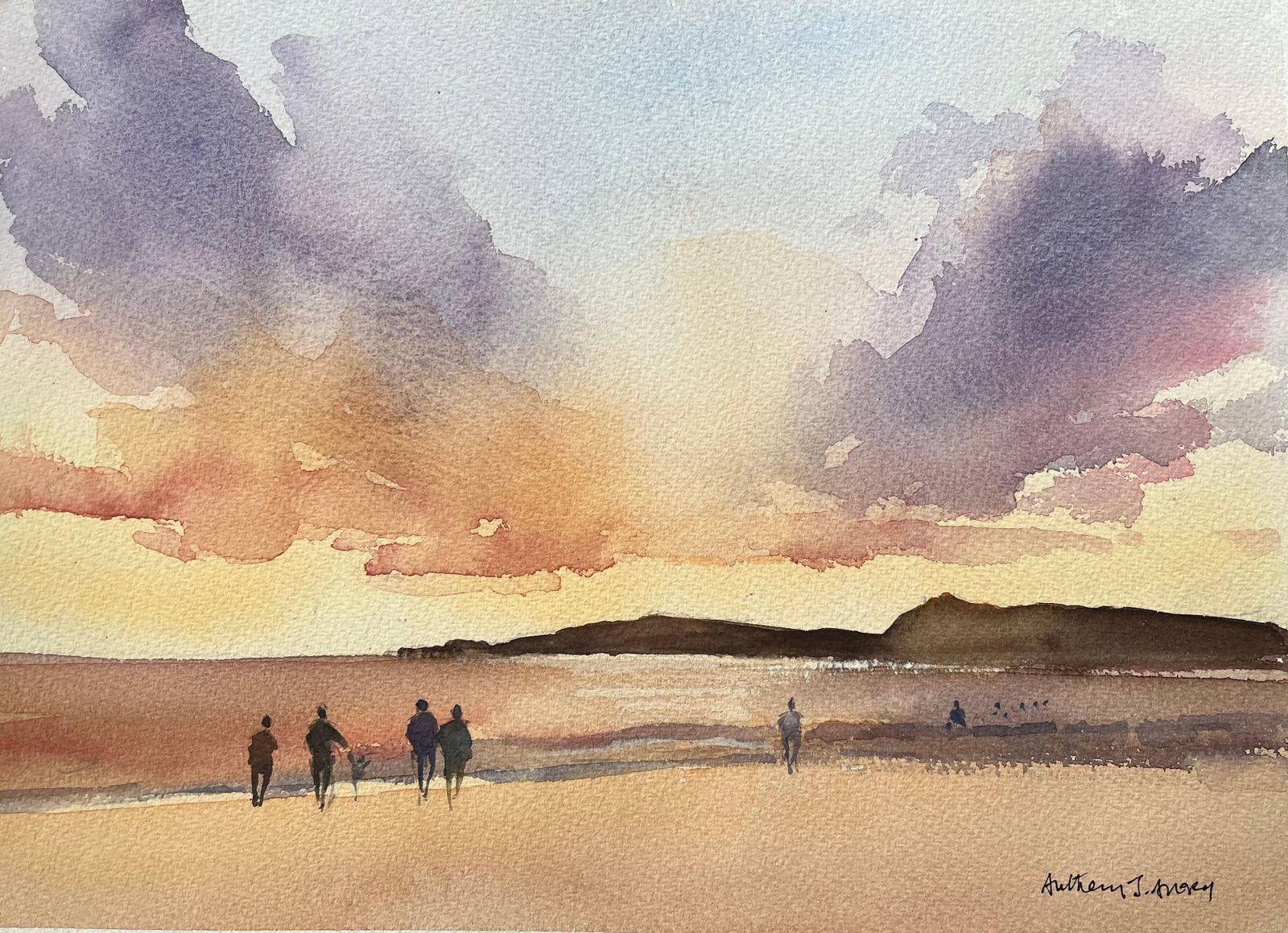 Anthony Averybritish Impressionist Watercolor Of A Figures On The Shore At Sunset