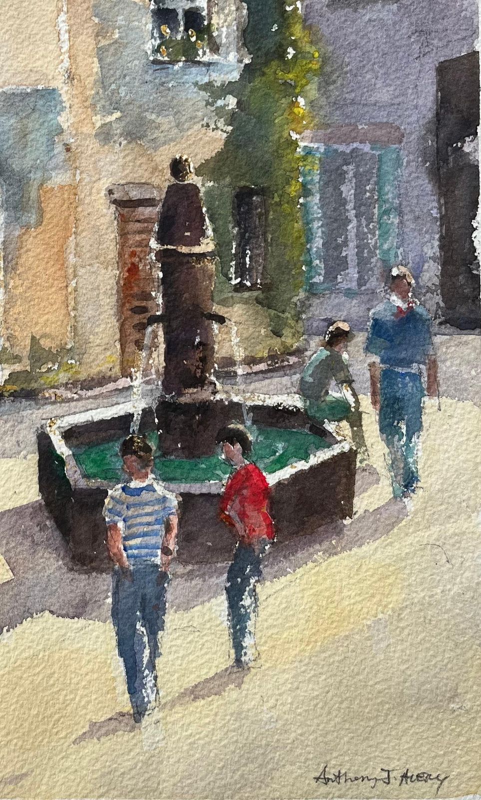 Anthony Averyimpressionist Watercolor Of French Village Scene With Fountain And Boules Player photo for sale