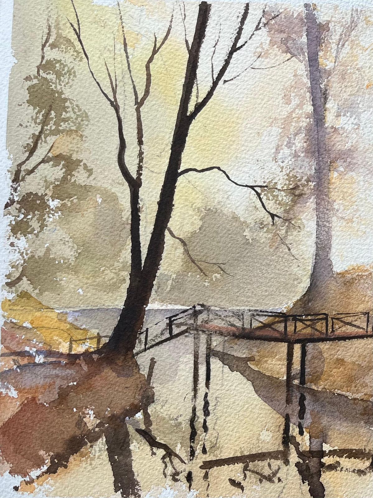 Anthony Averybritish Impressionist Watercolor Of A Woodland Bridge At Dawn photo vinterior