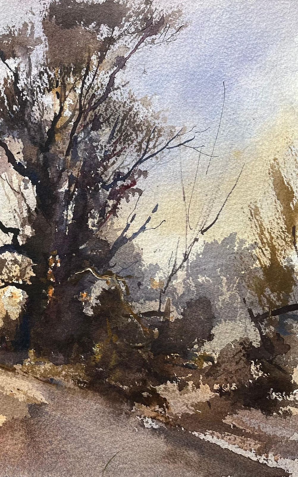 Anthony Averybritish Impressionist Watercolor Of A Country Lane In Winter Light photo for sale