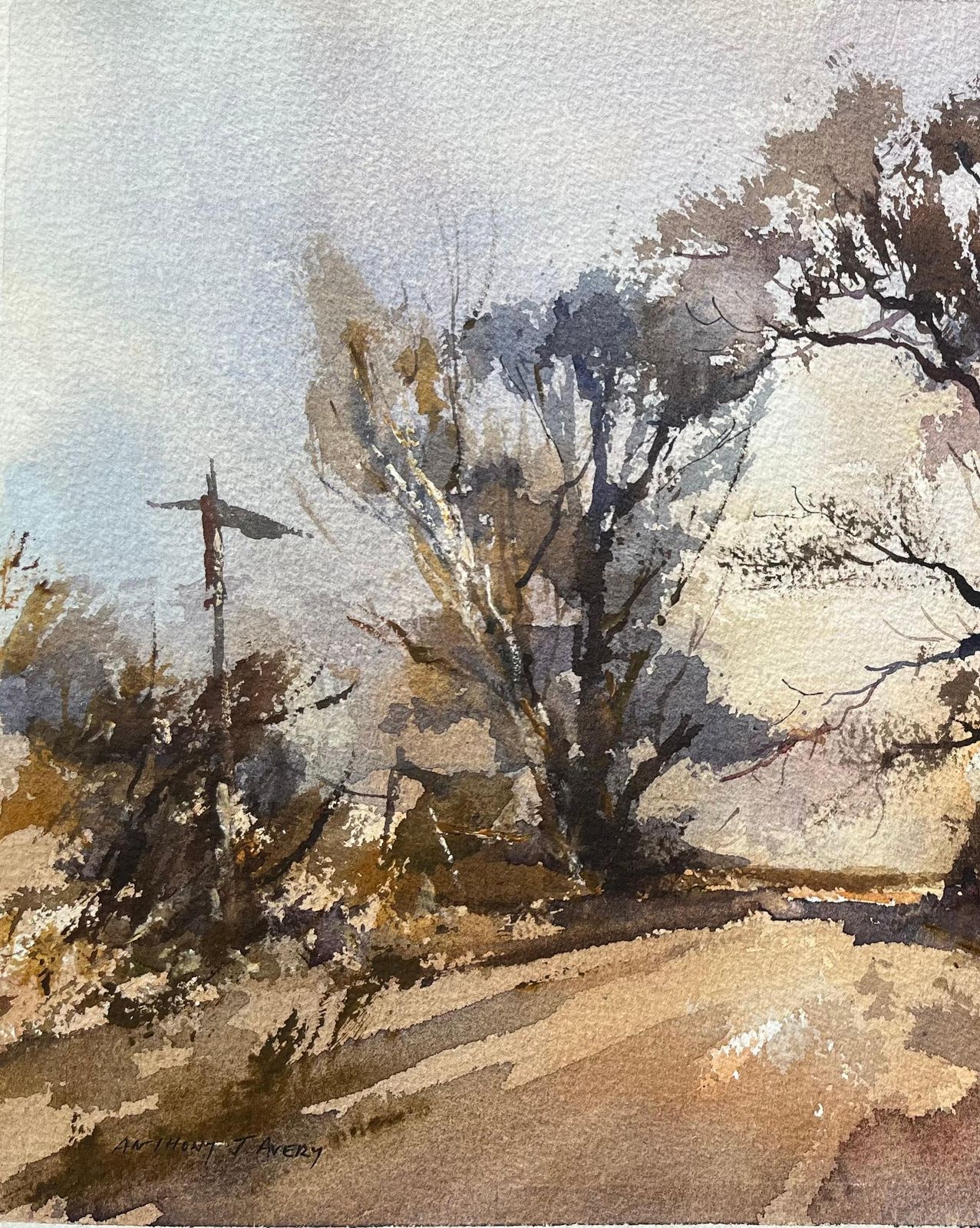Anthony Averybritish Impressionist Watercolor Of A Country Lane In Winter Light photo 377.0