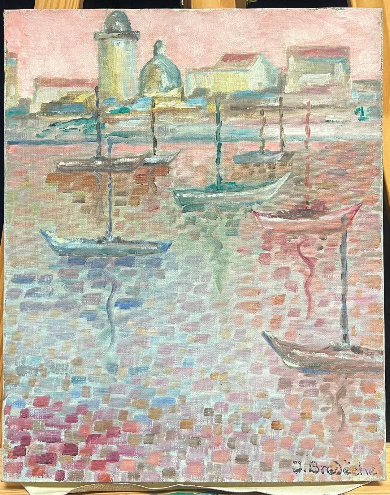 French Schoolfrench Pointillist Harbor Scene With Boats Pastel Tones Signed Oil Painting 20th Century photo furniture