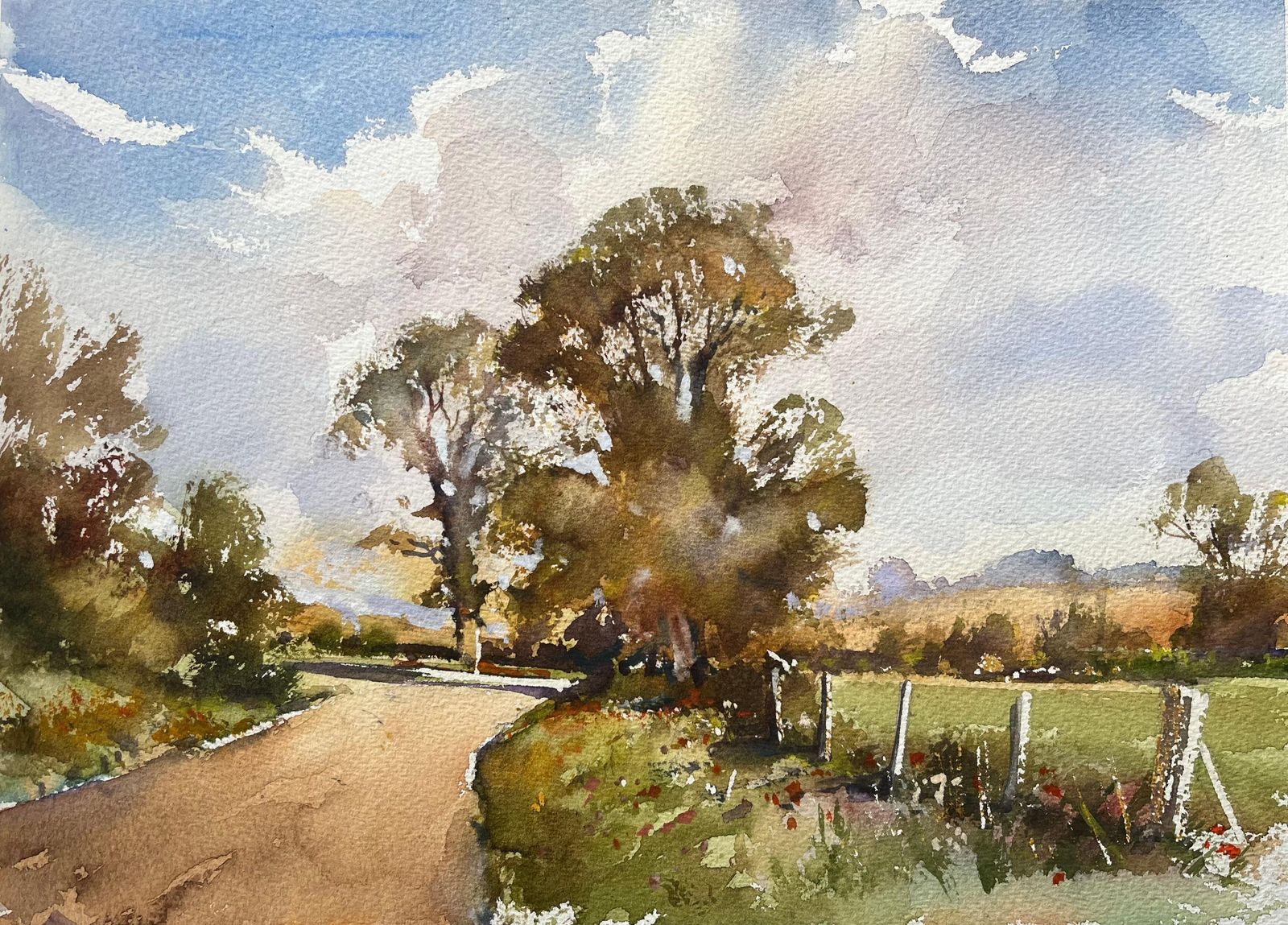 Anthony Averybritish Impressionist Watercolor Of Country Lane With Autumn Trees