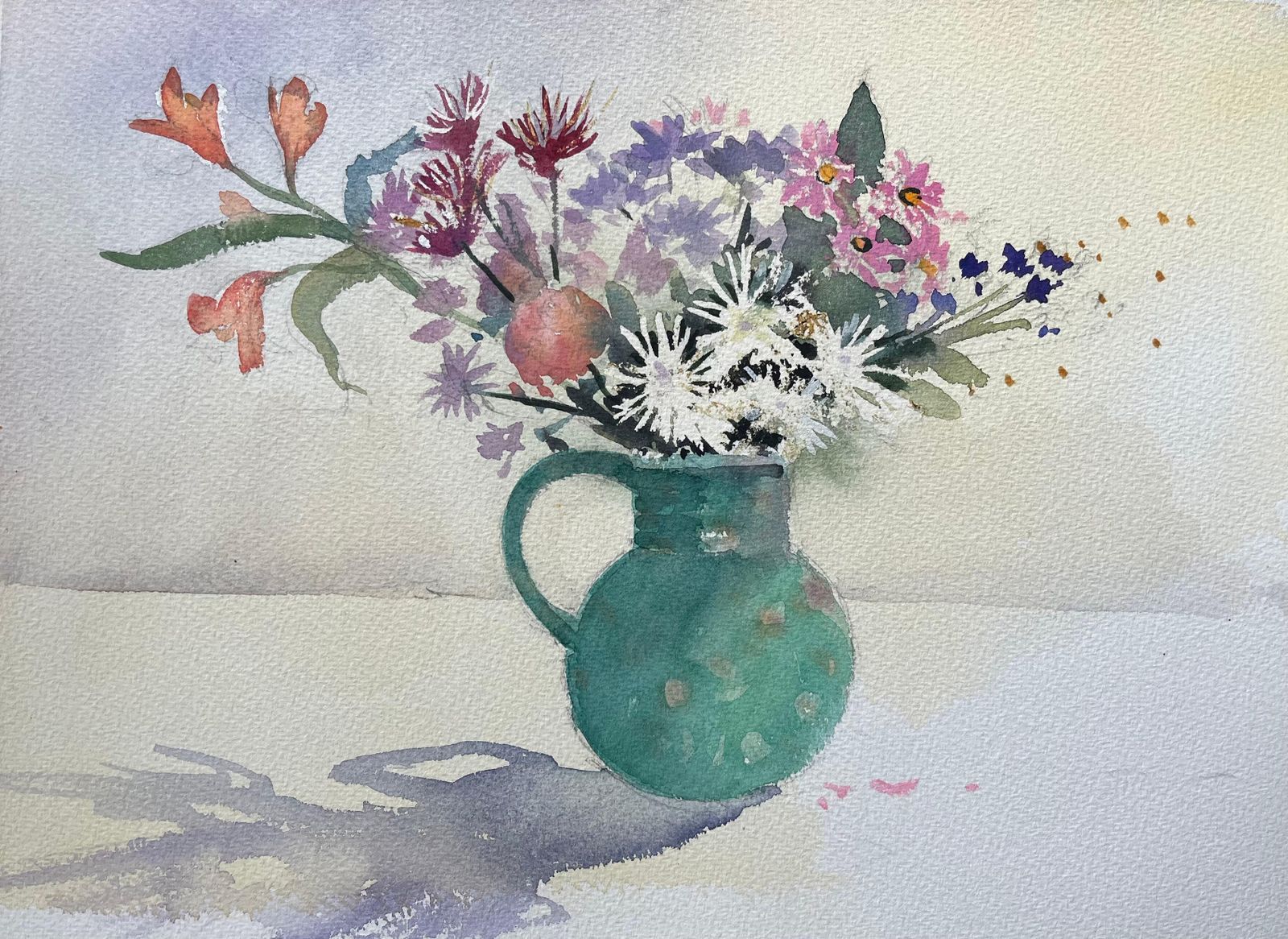 Anthony Averybritish Impressionist Watercolor Still Life Of Floral Arrangement In Green Jug