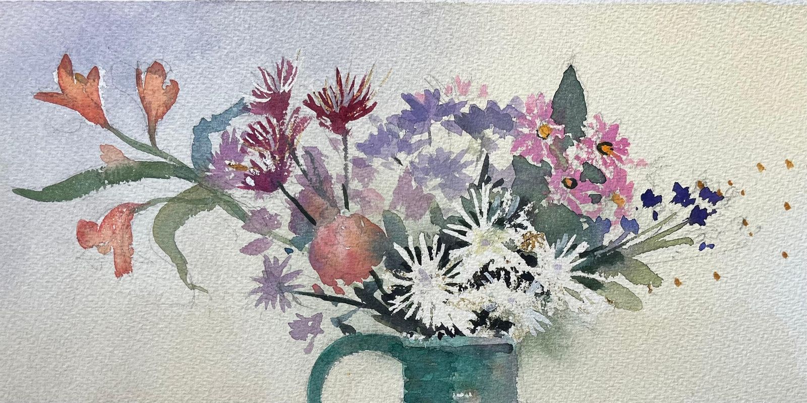 Anthony Averybritish Impressionist Watercolor Still Life Of Floral Arrangement In Green Jug photo Art