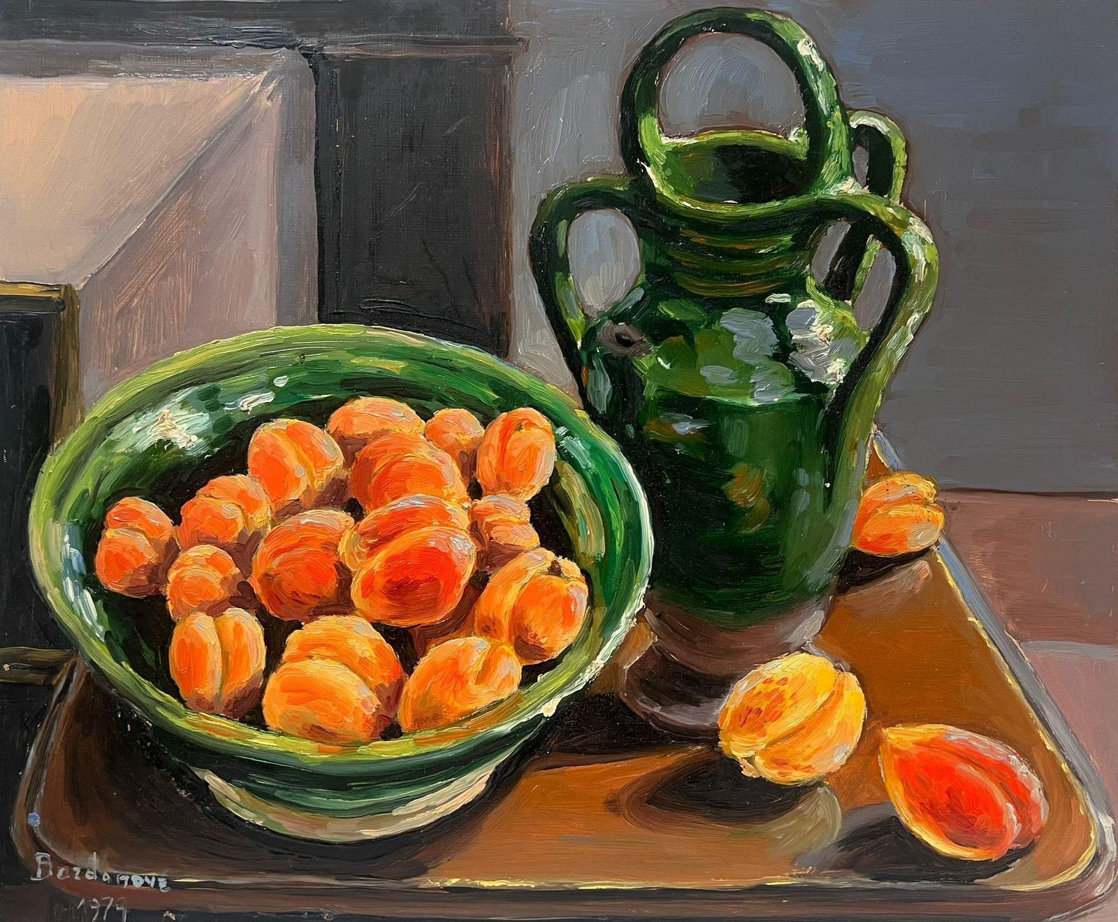 Georges Bordonove1970's French Post Impressionist Signed Oil Painting Apricots In Green Dish