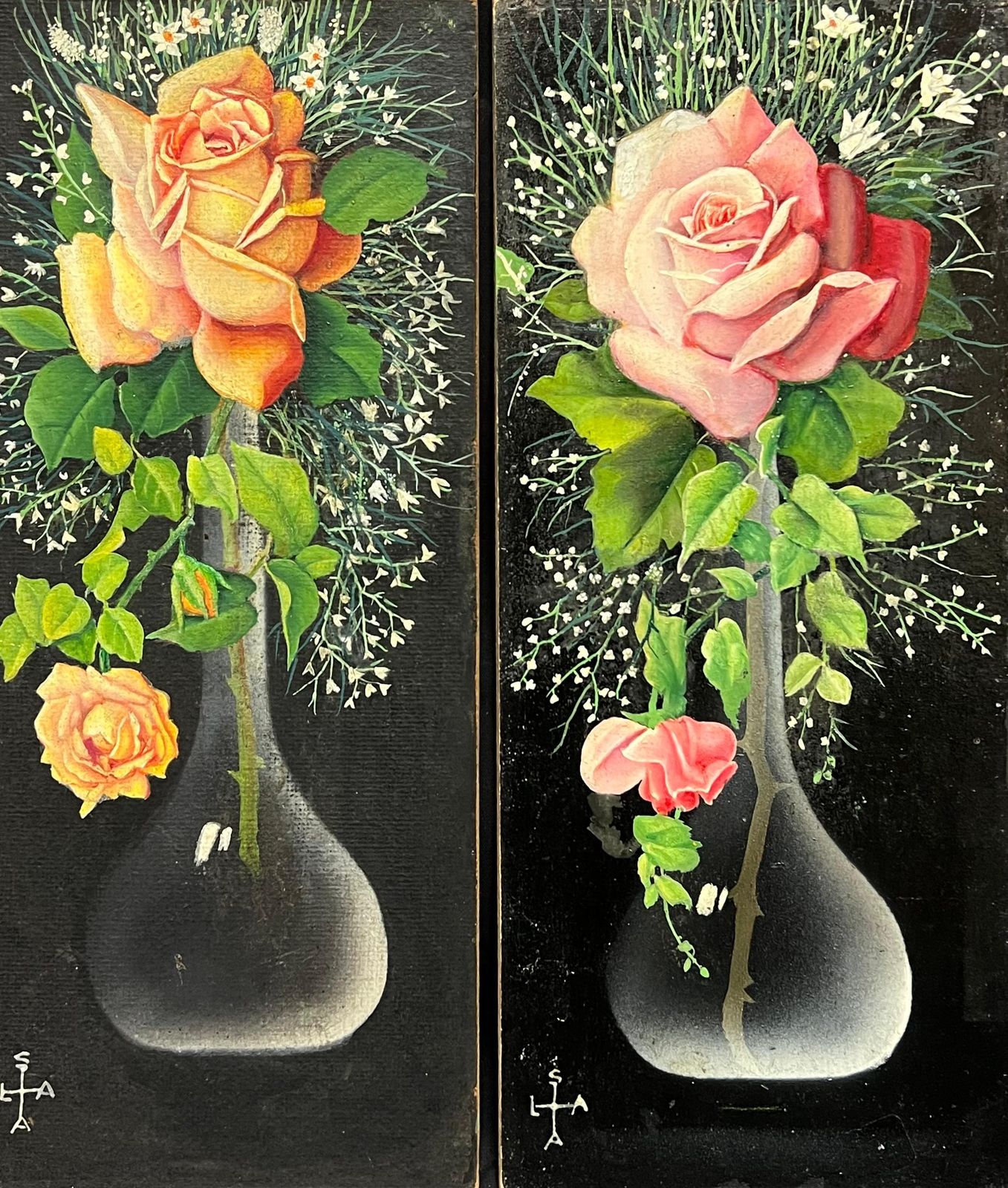 French Artistpair Mid 20th Century French Still Life Painting Ornate Flowers In Glass Vase1950