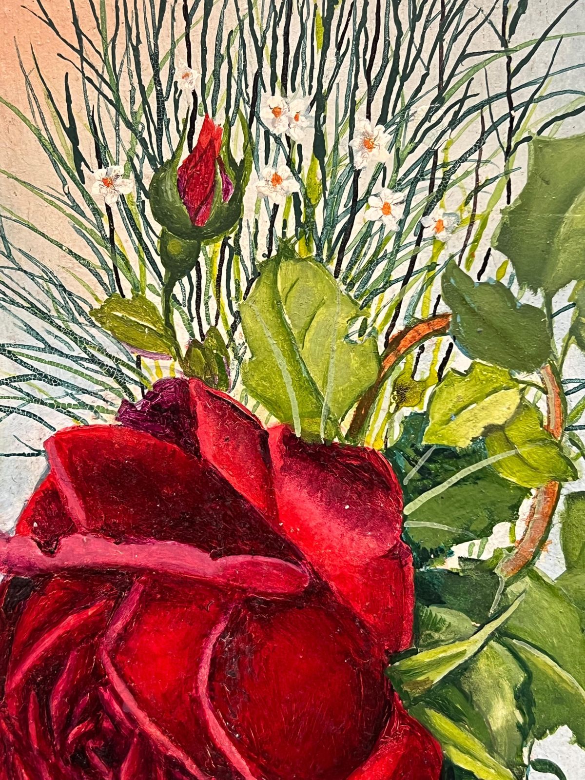 French Artistpair Mid 20th Century French Still Life Painting Ornate Roses In Gold Vases1950 photo for sale