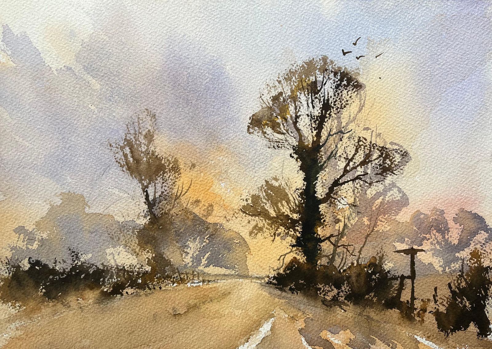 Anthony Averybritish Impressionist Watercolor Landscape Of Trees At Sunrise