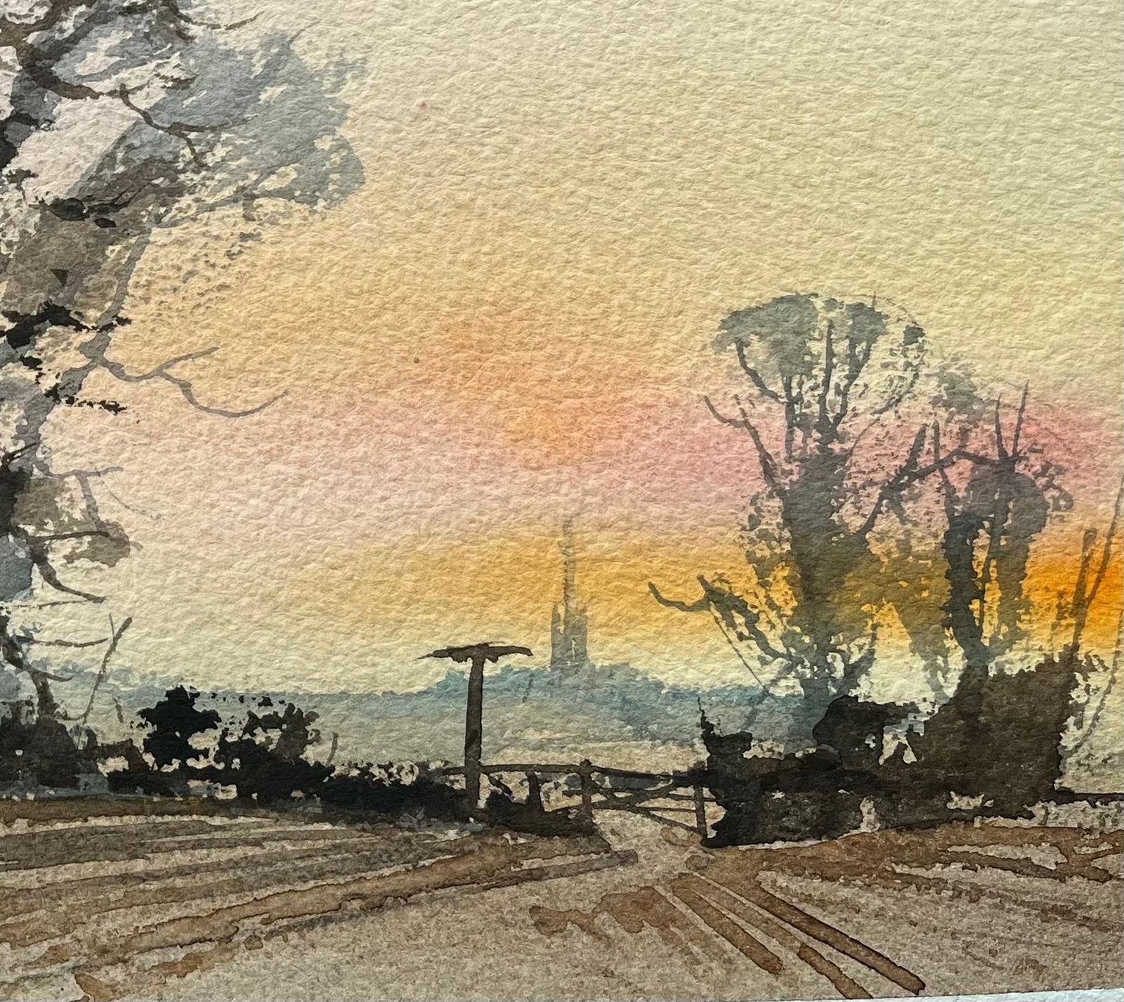 Anthony Averybritish Impressionist Watercolor Of Tree Silhouette At Sunset With Distant Spire photo for sale
