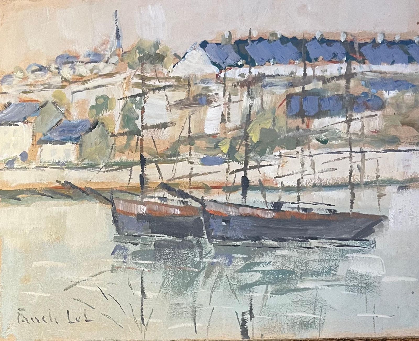 Fanch Lelfrench Impressionist Oil Painting Of Tranquil Sailboats Along The Riverside20th Century