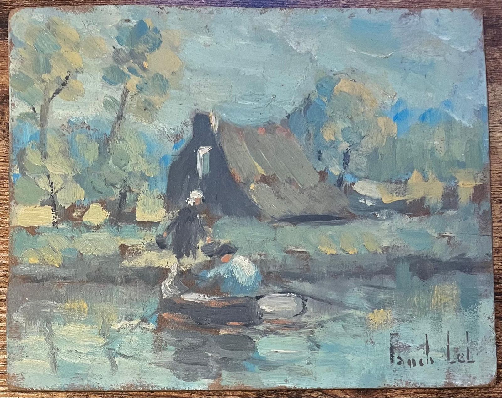 Fanch Lelfrench Impressionist Oil Painting Of La Vieille Ferme, Vendée, With Row Boat20th Century photo furniture
