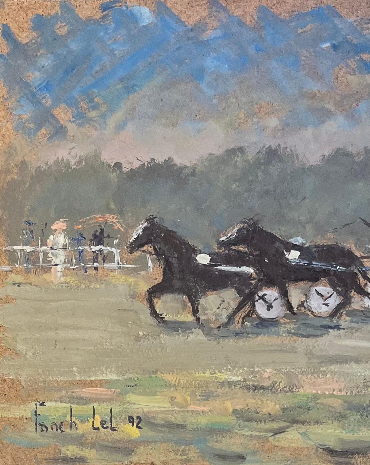 Fanch Lelfrench Impressionist Oil Painting Of Onlookers Watching Harness Racing1992 photo 468.0