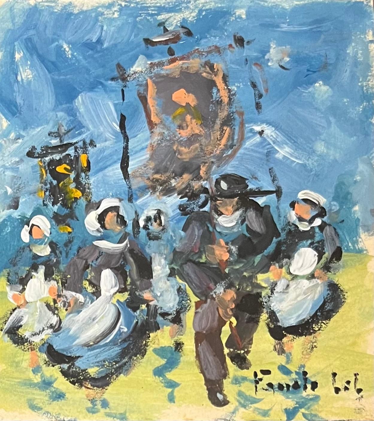 Fanch Lelfrench Impressionist Oil Painting Of Breton Family Celebration Under A Blue Sky20th Century