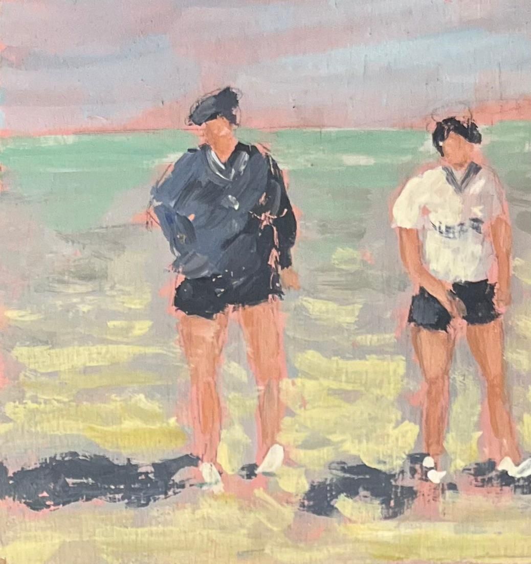 Fanch Lelfrench Impressionist Oil Painting Of Figures On A Beach With Mont Saint Michel20th Century photo Art