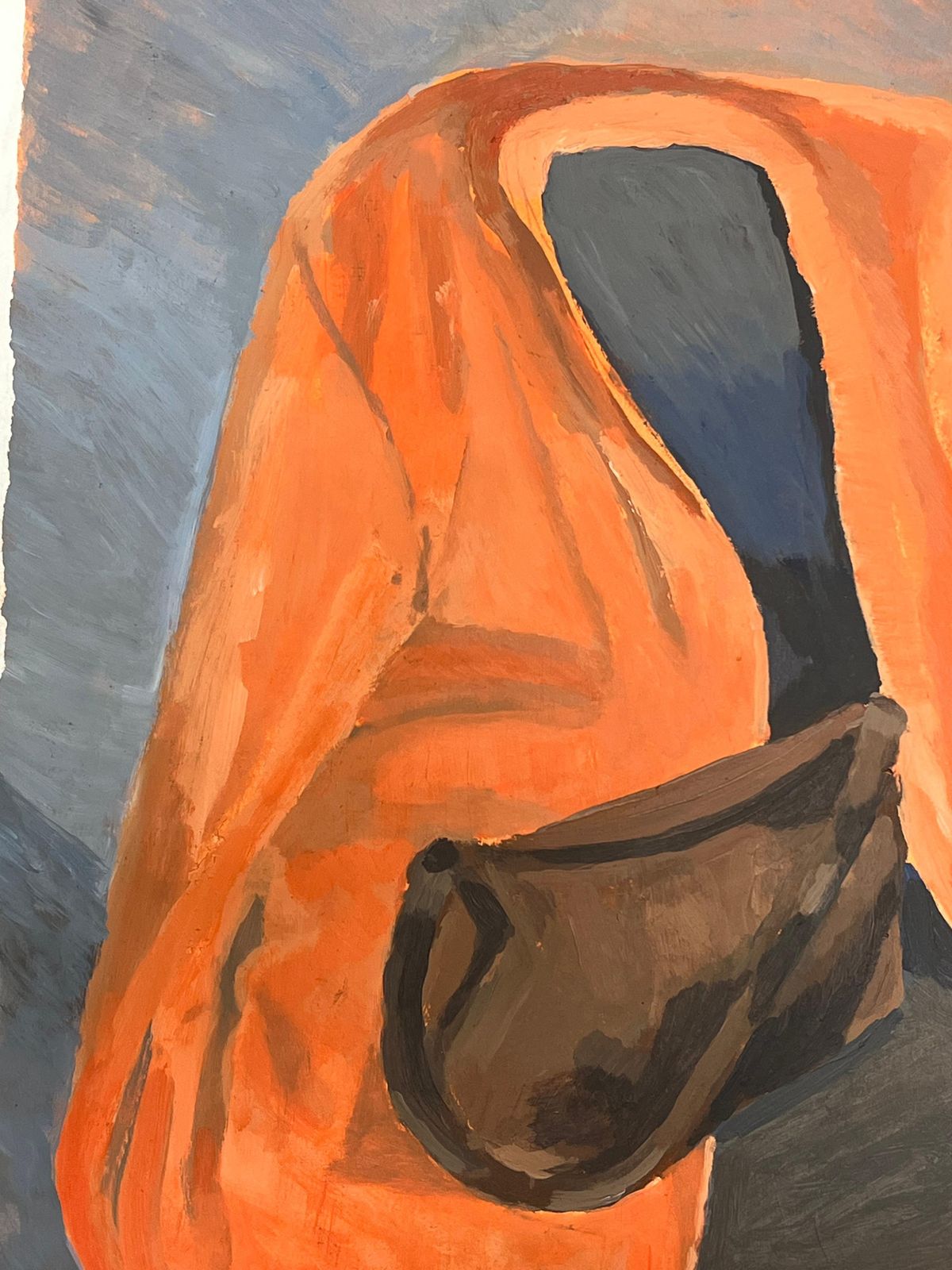 Helen Greenfieldchair Draped In Orange Cloth With A Simple Brown Bag photo 663.0