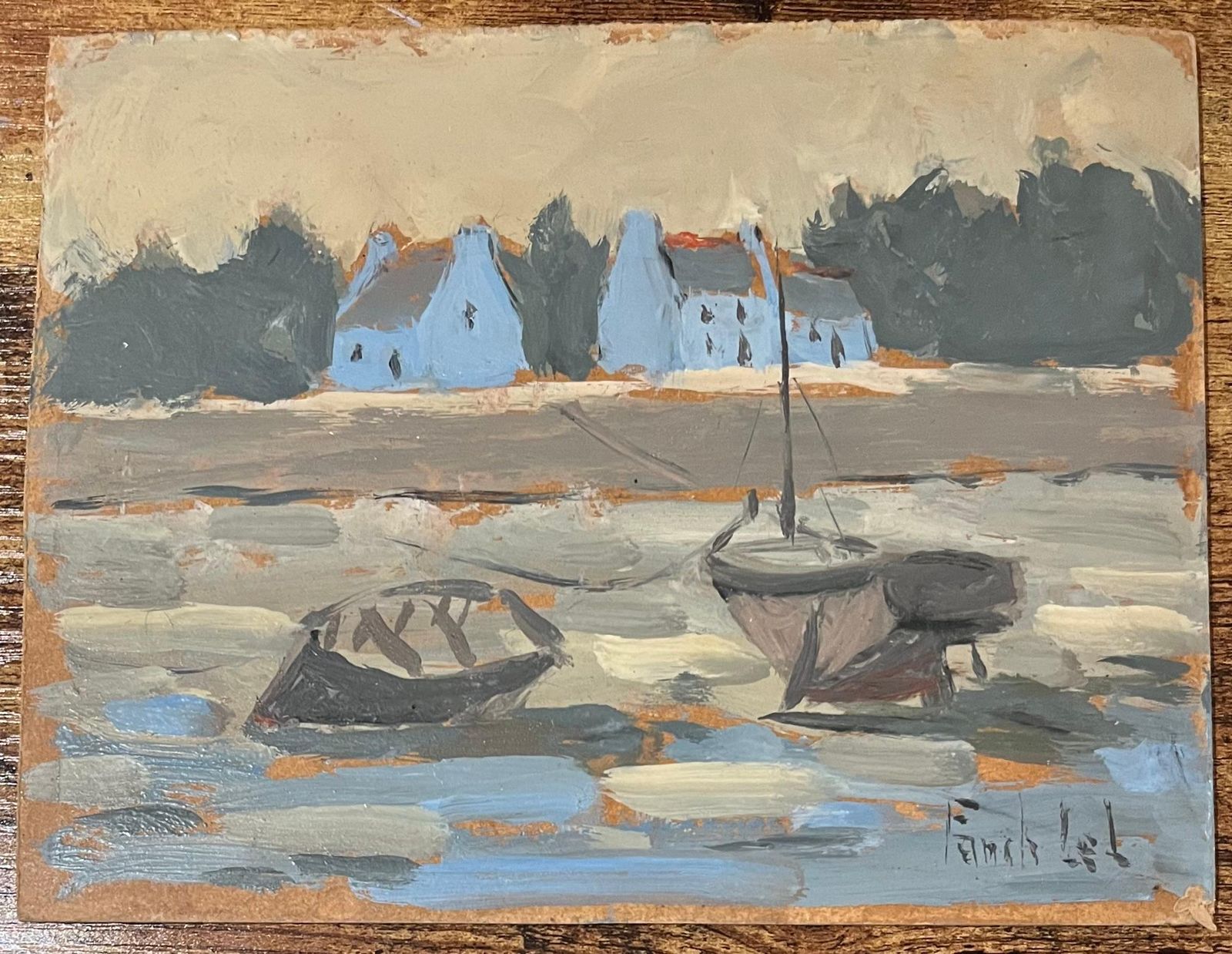 Fanch Lelfrench Impressionist Oil Painting Of Boats Resting In Front Of Coastal Cottages20th Century photo furniture