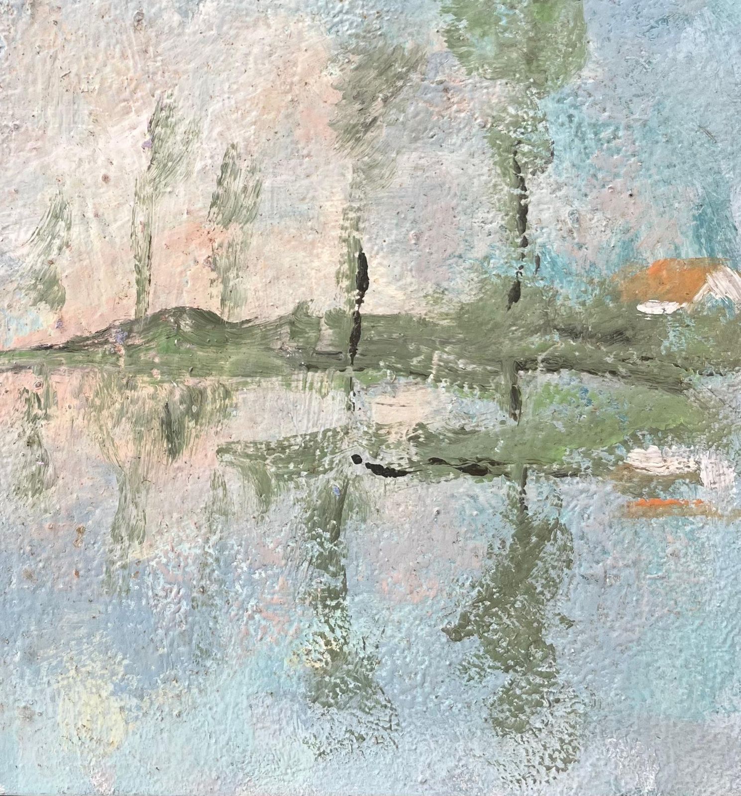 Fanch Lelfrench Impressionist Oil Painting Of Reflections Of A Cottage On A Misty Lake20th Century photo for sale