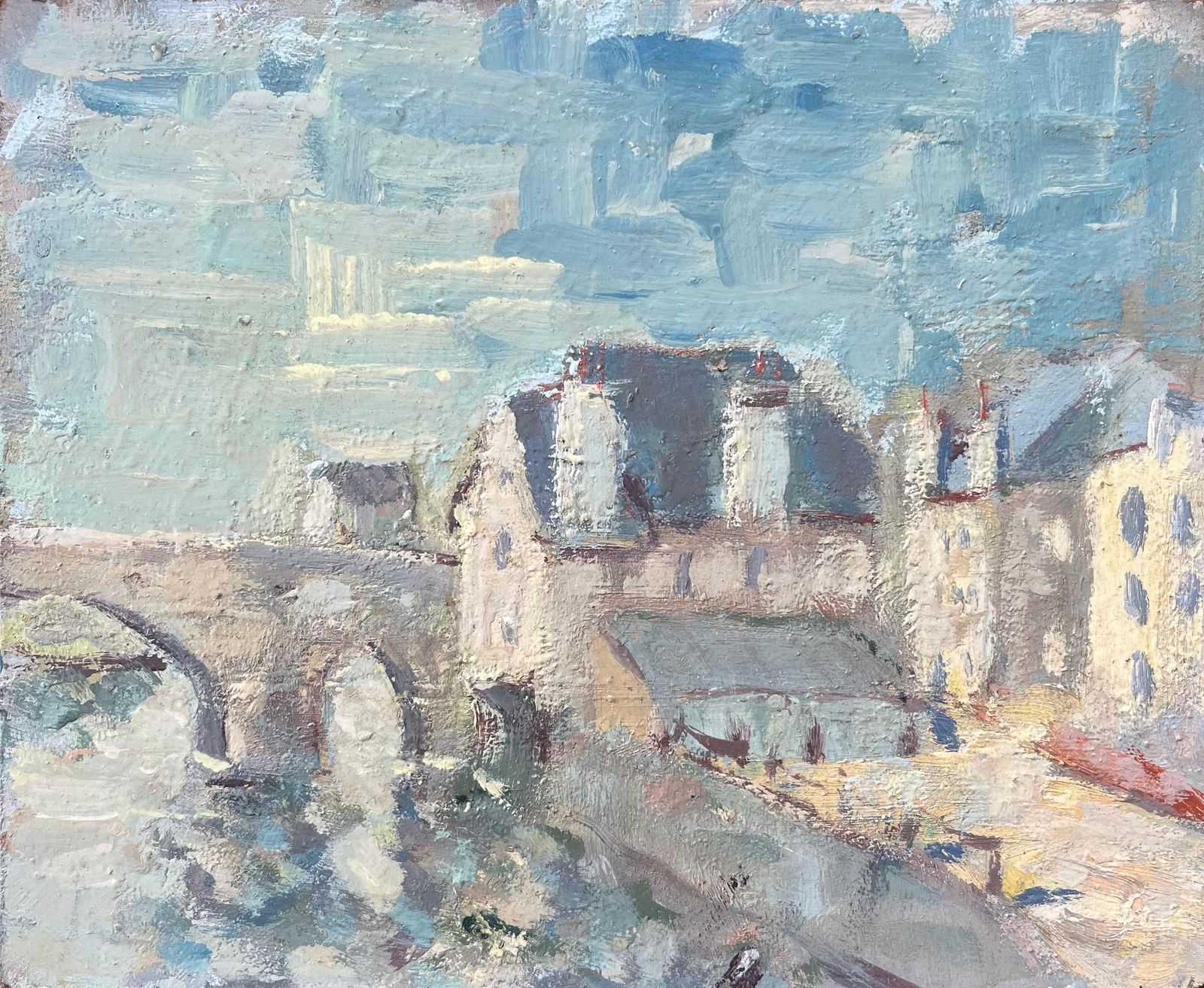 Fanch Lelfrench Impressionist Oil Painting Of A Tranquil Village View With Stone Bridge20th Century