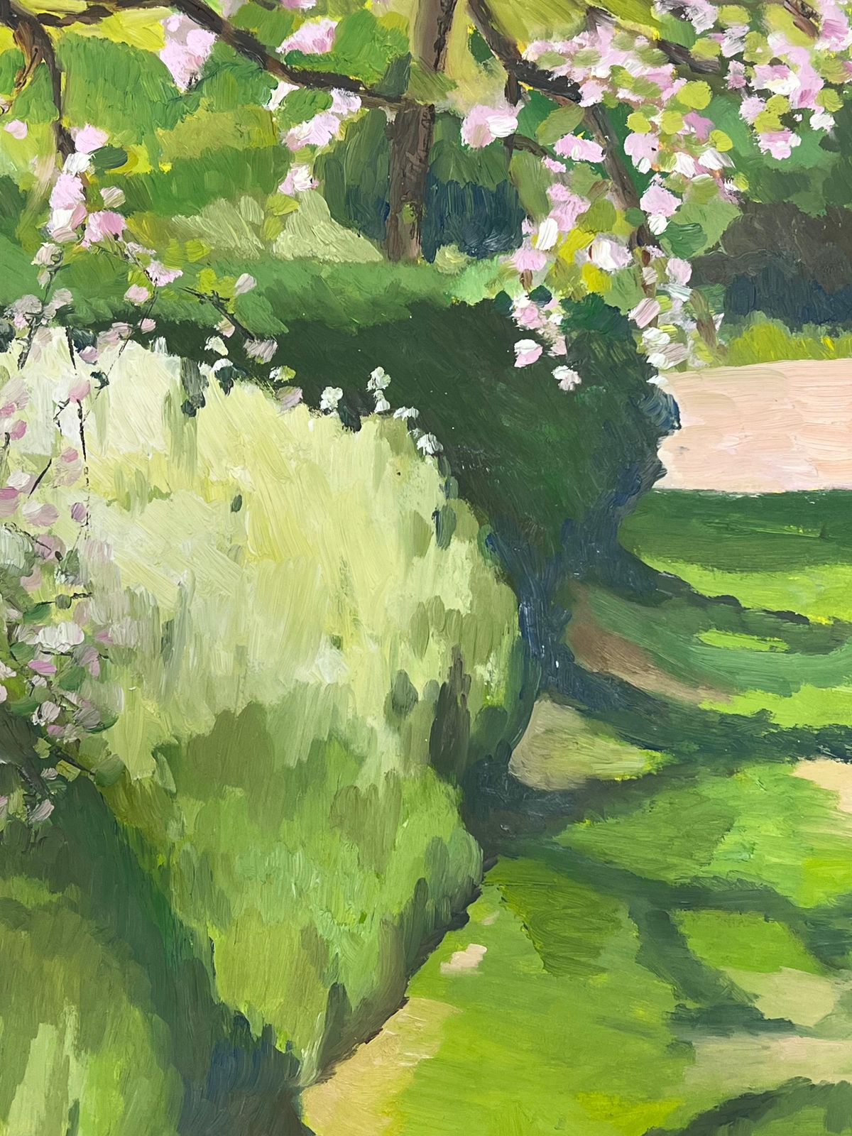 Jill Jacksonsunlit Garden Path With Blooming Cherry Blossoms Vibrant Green Foliage photo for sale