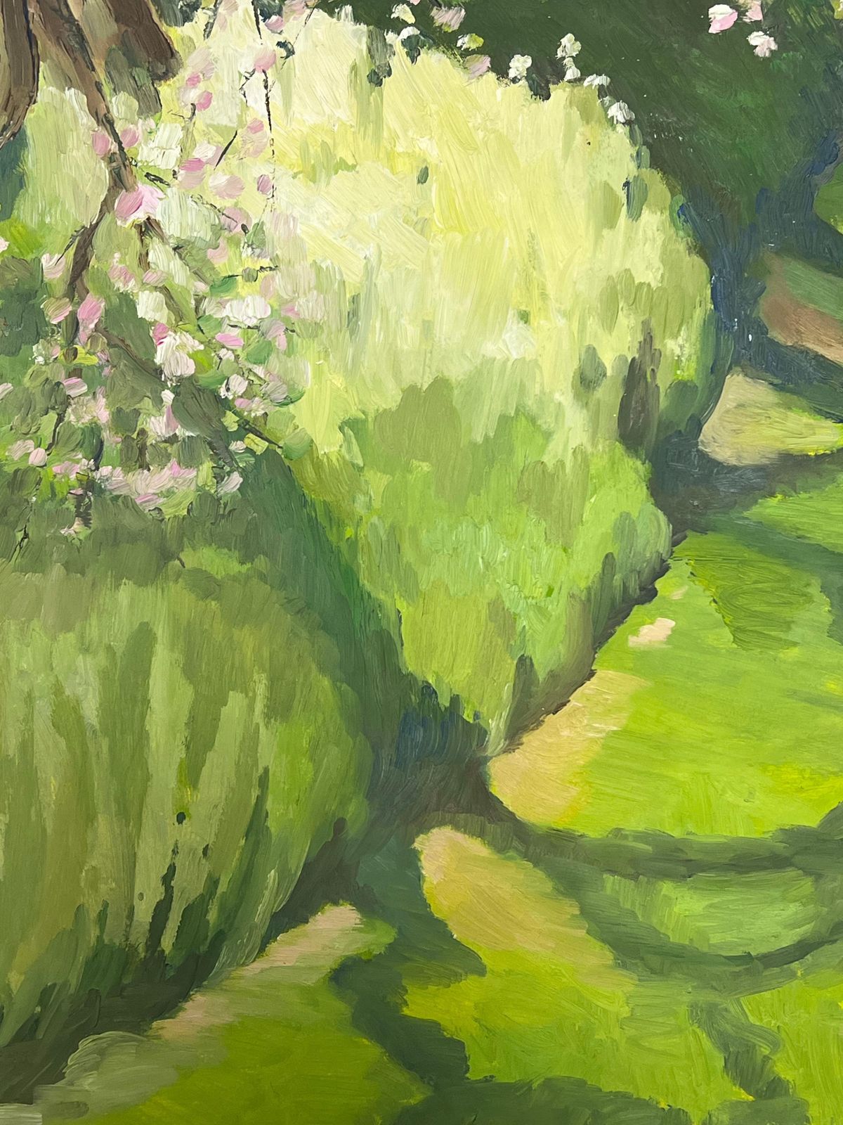 Jill Jacksonsunlit Garden Path With Blooming Cherry Blossoms Vibrant Green Foliage photo 709.0