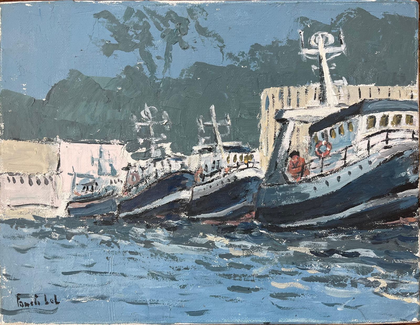Fanch Lelfrench Impressionist Oil Painting Of Docked Fishing Boats Along A Harbour20th Century