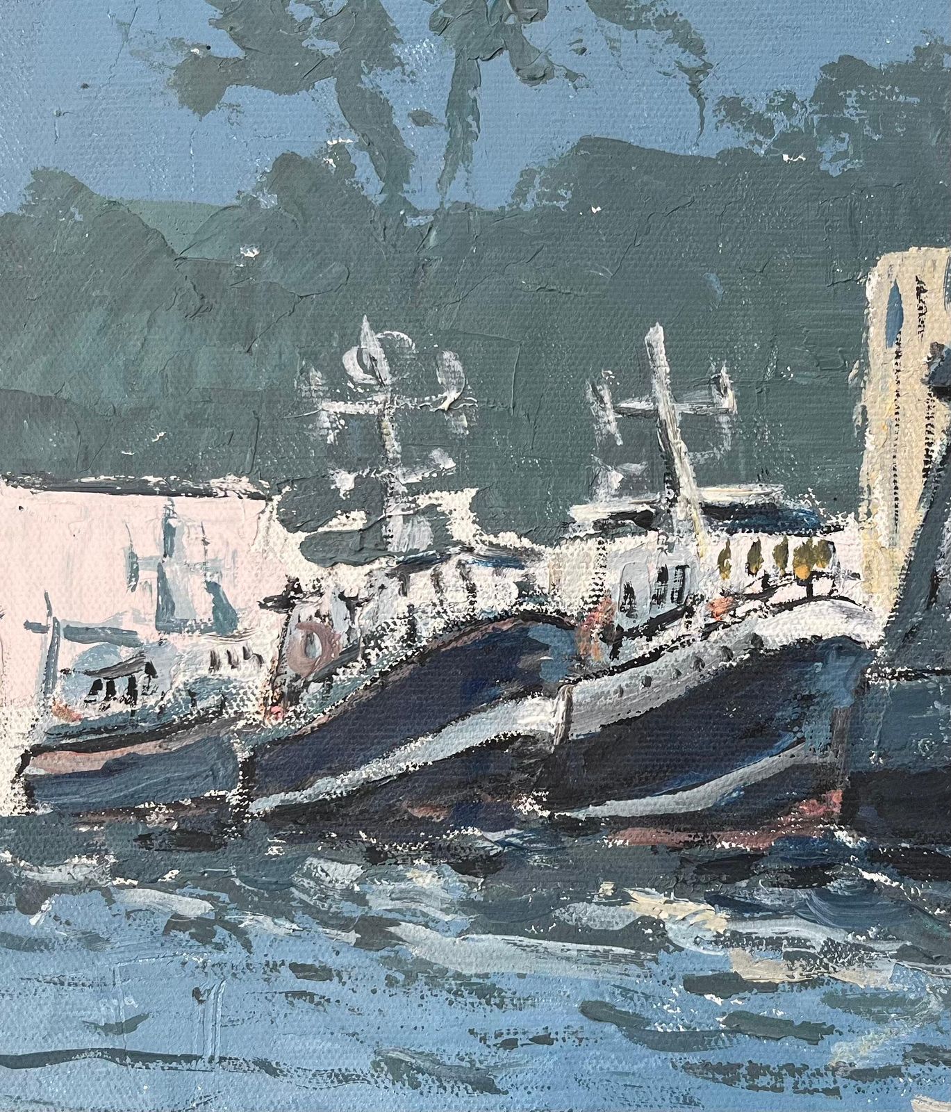 Fanch Lelfrench Impressionist Oil Painting Of Docked Fishing Boats Along A Harbour20th Century photo Art