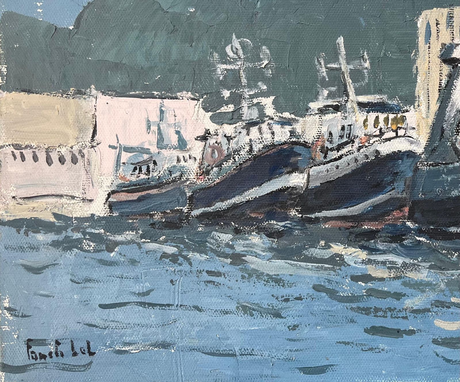 Fanch Lelfrench Impressionist Oil Painting Of Docked Fishing Boats Along A Harbour20th Century photo 662.0