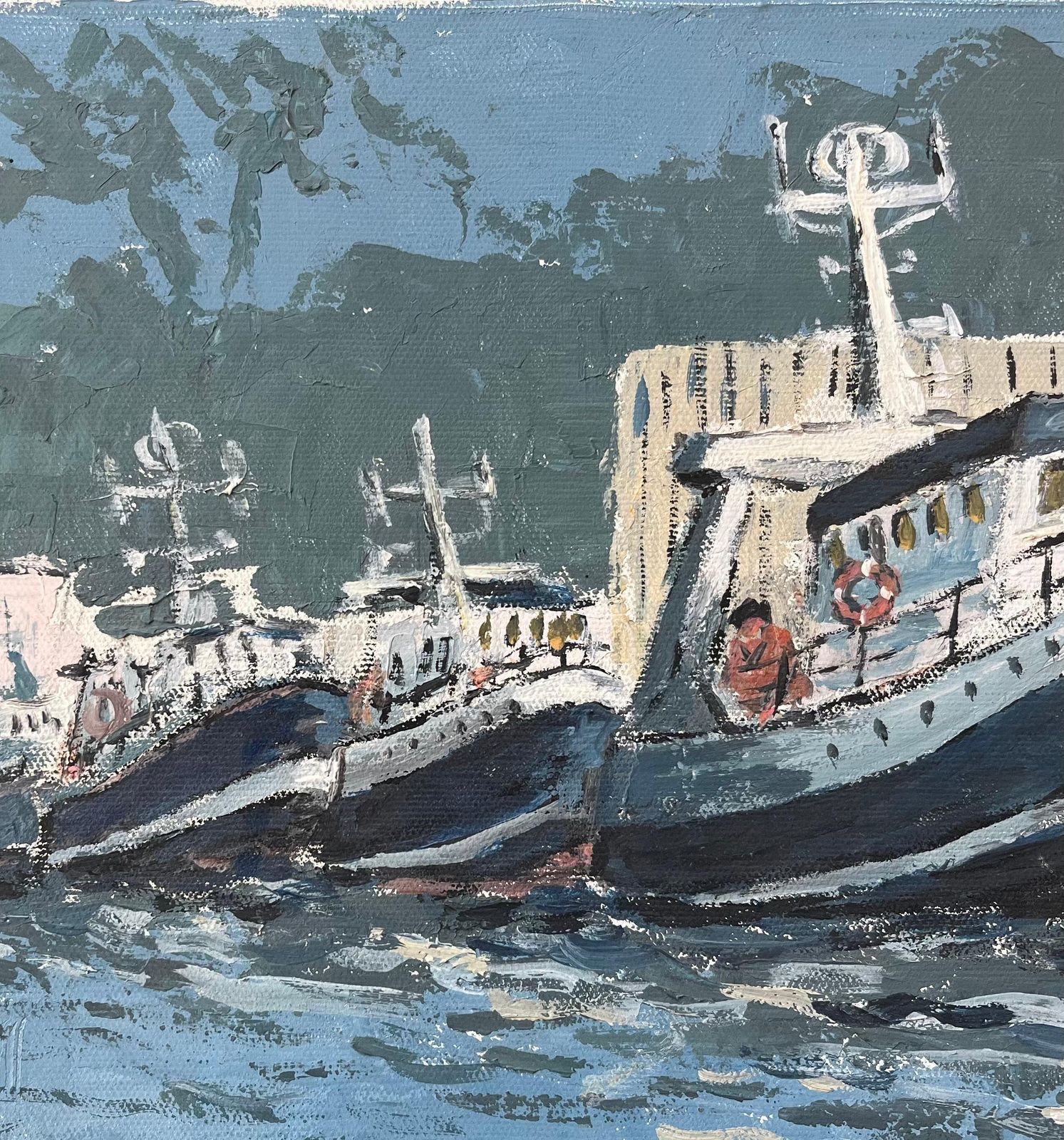 Fanch Lelfrench Impressionist Oil Painting Of Docked Fishing Boats Along A Harbour20th Century photo vinterior