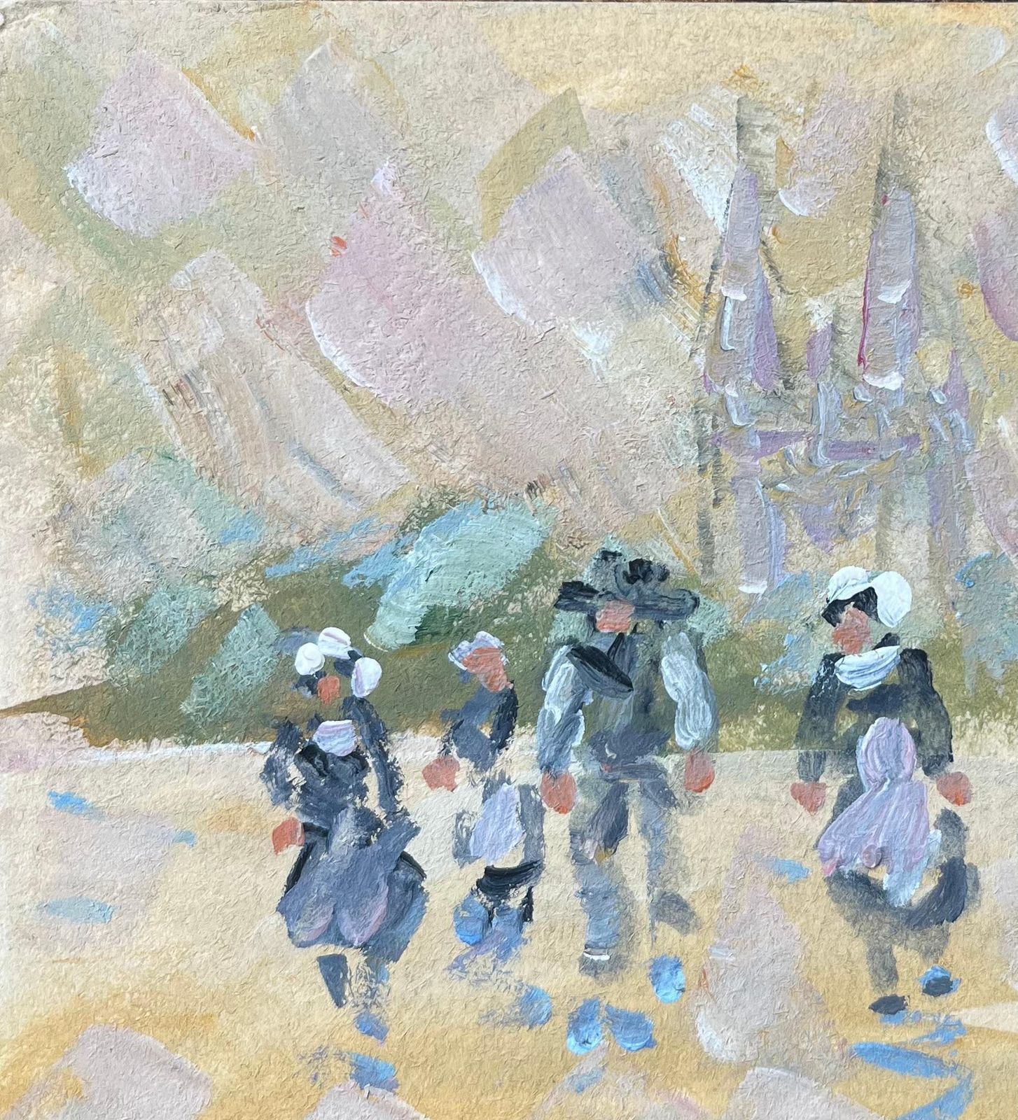 Fanch Lelfrench Impressionist Oil Painting Of Breton Women Leaving Church In Quimper20th Century photo Art