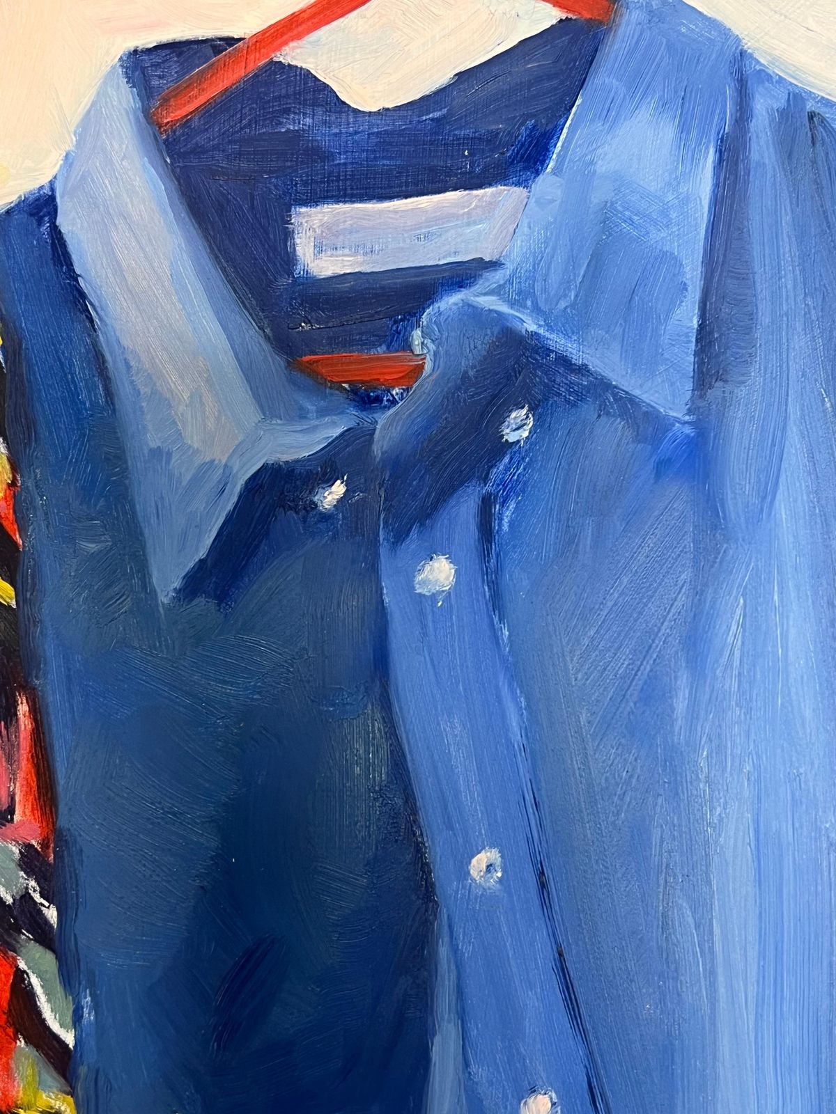 Jill Jacksonblue Denim Shirt Hanging On A Red Hanger With A Boldly Patterned Scarf photo buy