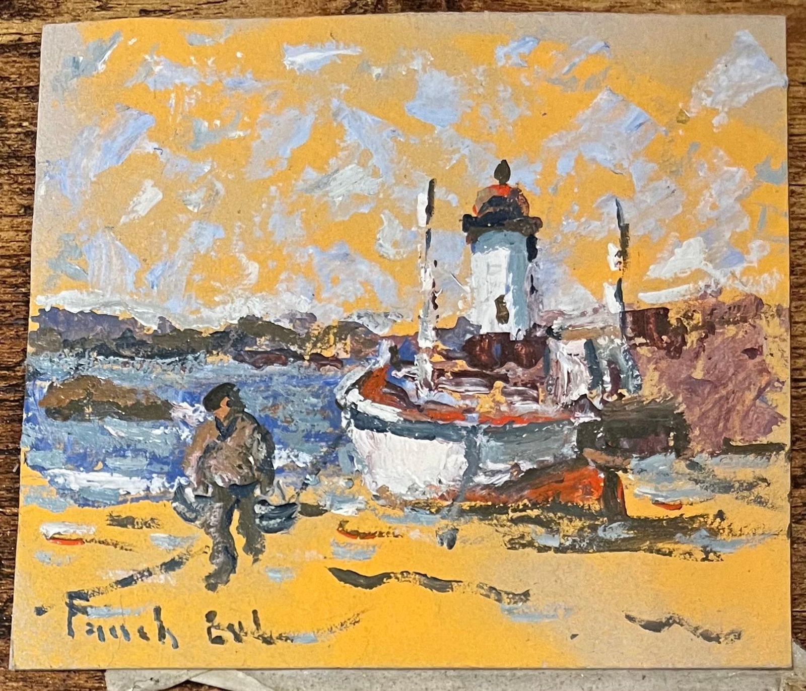 Fanch Lelfrench Impressionist Oil Painting Of A Boat And A Fisherman Near A Lighthouse20th Century photo furniture