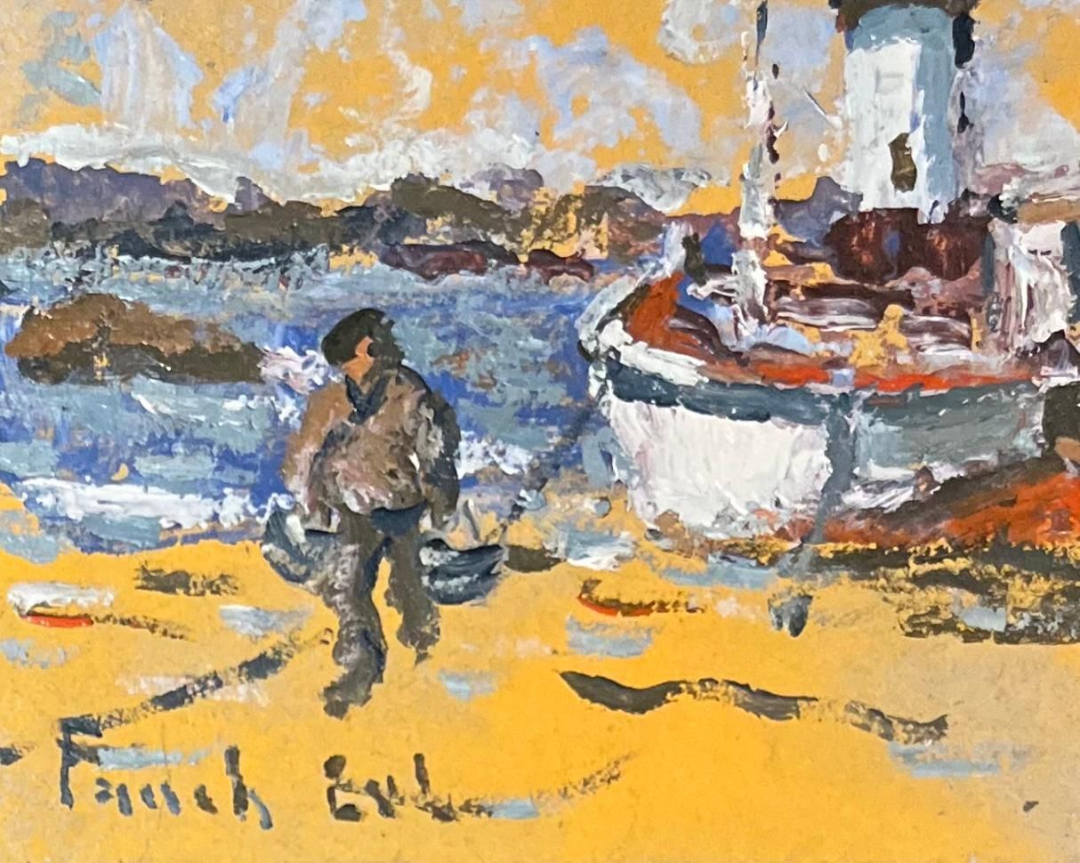Fanch Lelfrench Impressionist Oil Painting Of A Boat And A Fisherman Near A Lighthouse20th Century photo for sale