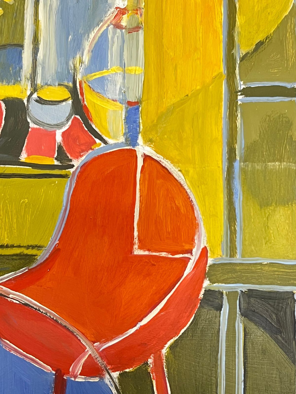 Jill Jacksoncolorful Interior Scene With A Bold Red Chair Geometric Interior British Oil photo for sale