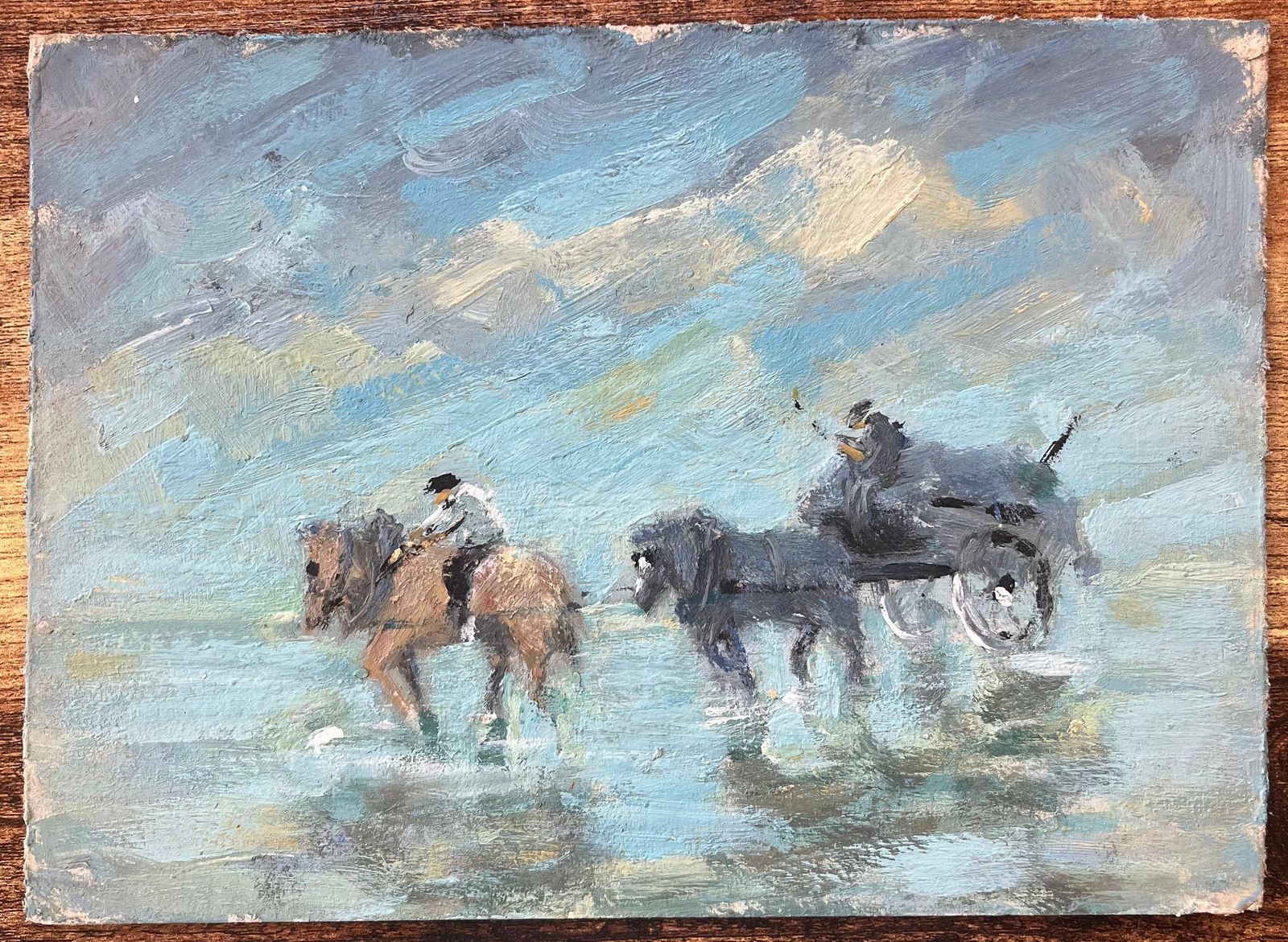 Fanch Lelfrench Impressionist Oil Painting Of Horse Riders And Cart On The Beach20th Century photo furniture