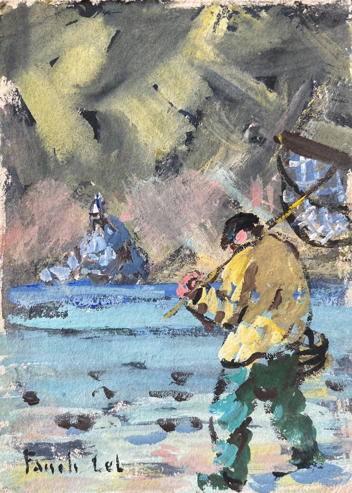 Fanch Lelfrench Impressionist Oil Painting Of Fisherman In The Bay Of Shrimp Fishing2012